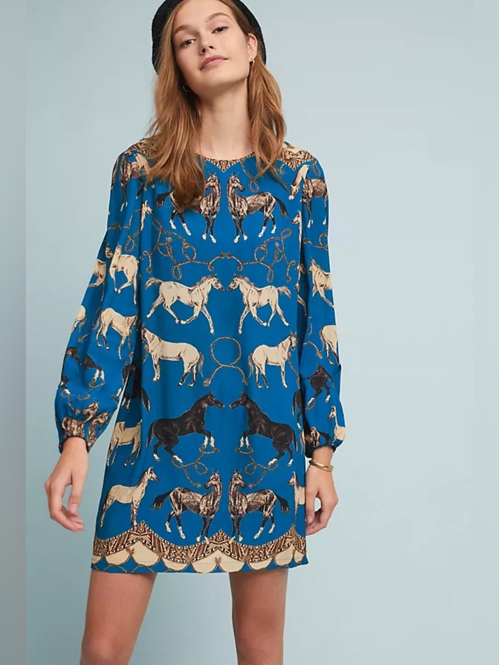 Anthropologie Blue Horse-Print Mini Dress
